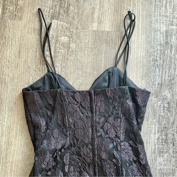 Vintage 1980s Black Lace Overlay Boned Bodice Side Ruched Ruffle Hem Midi Dress - Picture 13 of 17